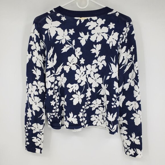 Michael Kors Navy Blue and White Floral Print Crewneck Sweater Top Shirt Large - Picture 2 of 9